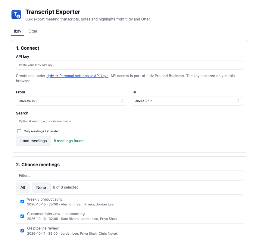 Transcript Exporter listing tl;dv meetings, ready to export