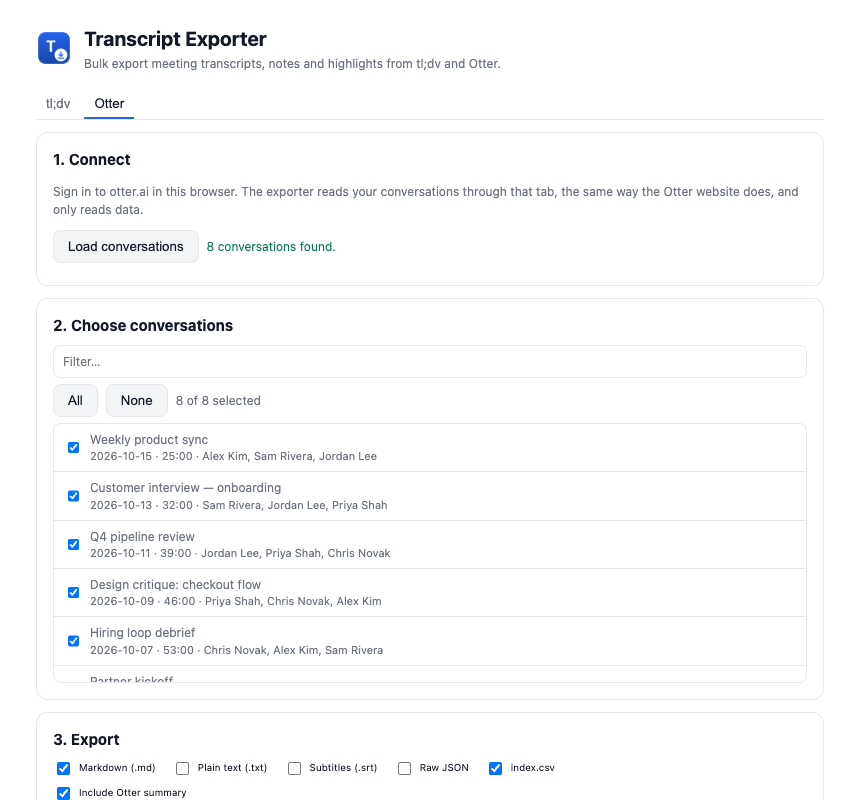 Choosing Otter conversations and export formats